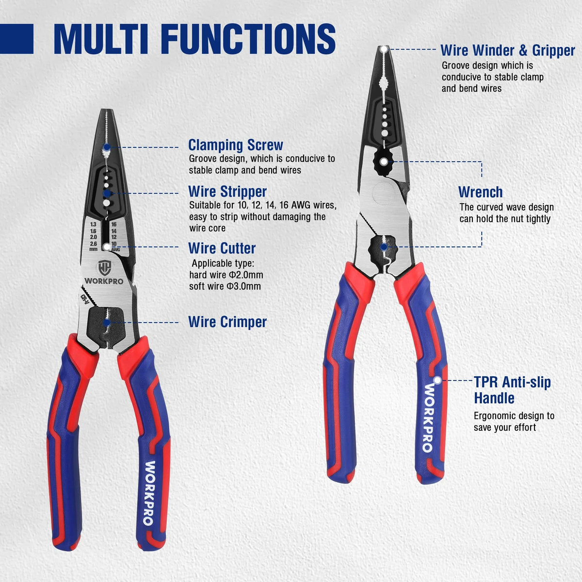WORKPRO Multifunctional Needle Nose Pliers Universal Wire Cutters Diagonal Pliers for Electrician Hardware Tools