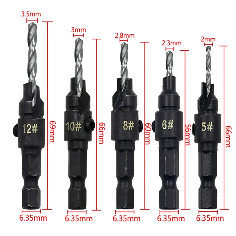 5pc Hexagon screw carpenter's hole opener countersink drill taper drill drilling reaming hardware tool set
